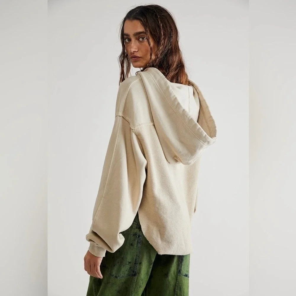 Free People Backyard Hoodie Ecru Combo Cropped Womens Size Small